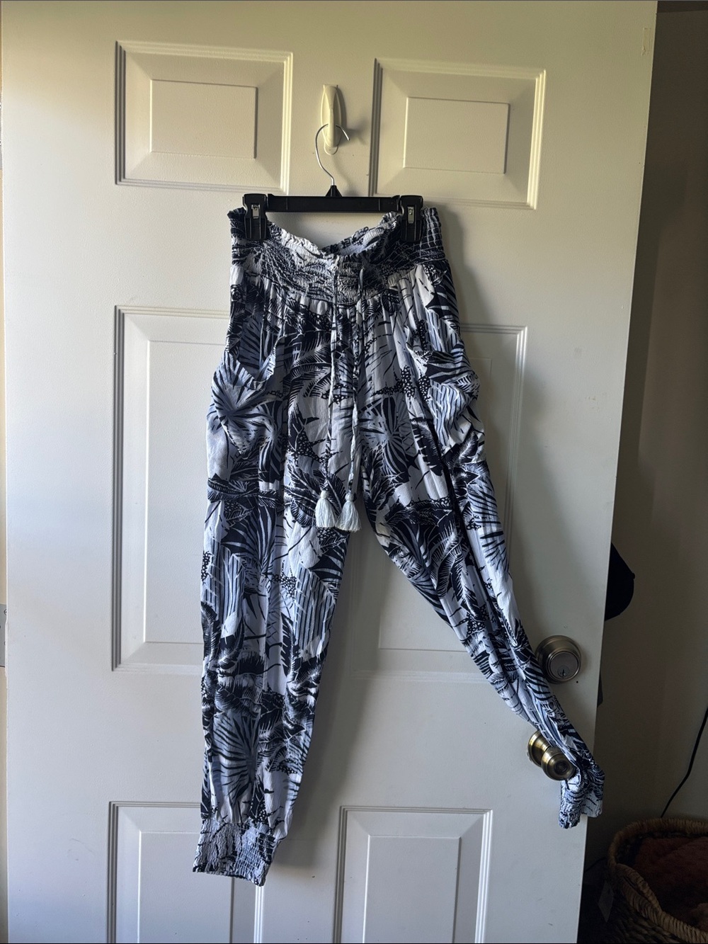 Blue & White Tropical Print Harem Pants